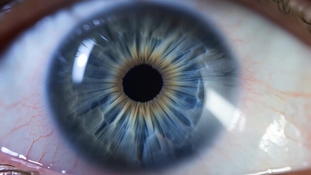 Extreme close up of a blue human eye with detailed iris and eyelashes