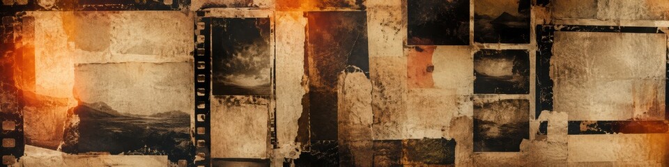 Naklejka premium dark vintage collage of aged film strips and weathered photo frames in sepia tones, creating a nostalgic cinematic background with damaged paper textures and light leaks