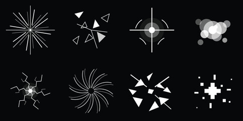 Abstract white line blast spark explosions icons group isolated on black background simple dynamic geometric stars lightning shapes group © MdHamidul