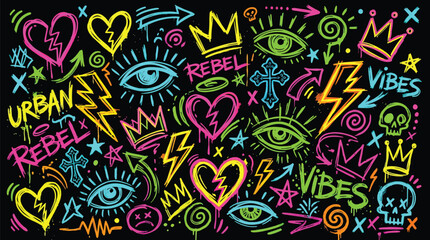Fototapeta premium Neon graffiti wall art with hearts crowns eyes and rebel text