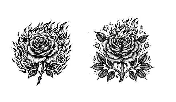 Flaming rose illustration black and white engraving style floral design