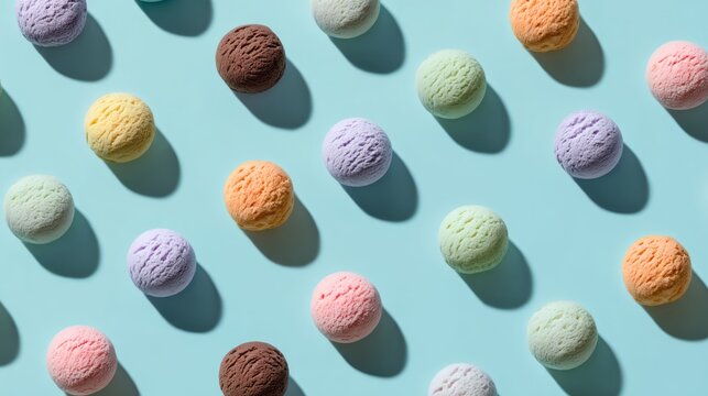Colorful assorted ice cream scoops arranged in playful repeating pattern on pastel blue background, summer minimalism flat lay with hard light, featuring chocolate, vanilla, blueberry, strawberry, pis