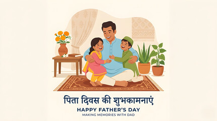 Fototapeta premium Happy Father Day India Banner with Indian Father Sitting on Mat with Son and Daughter in Traditional Attire