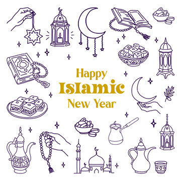Happy Islamic new year celebration with lanterns, crescent moons, and prayer beads
