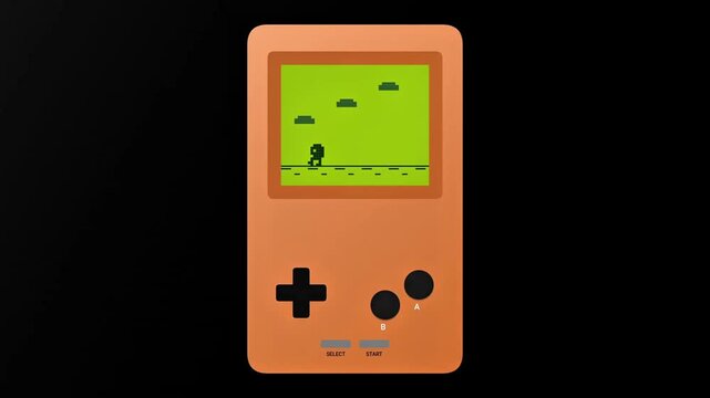 Retro orange handheld game console playing pixelated 2D platformer video game