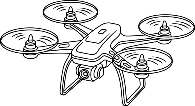 Black and white line art vector illustration of a modern quadcopter drone with camera for coloring page or icon design