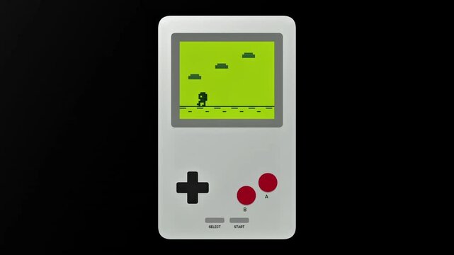 A retro handheld console displays a classic pixel art platformer game with a character running and jumping.