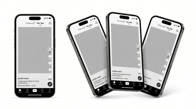 Social media video feed mockup interface. Mobile app template for smartphone. UI scroll frame carousel pages on iPhone device. Following and For You screen layout with profile and icons. 2026 update.