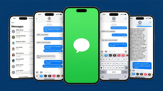 New 2026 messaging application mockup. Social media chat UI frame template for iPhone. iMessage interface with conversation list, text bubbles, and keyboard on mobile smartphone device screen.