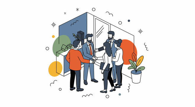 Success deal handshake in office with team and boss for work goal win plan at site