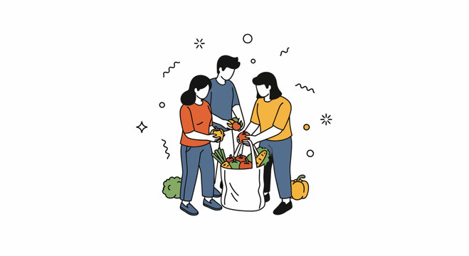 Group of three young people buy fresh food to put in a big eco bag