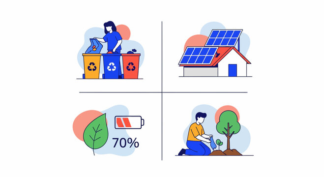 Sustainable living icons showing recycling trash solar energy panel house leaf battery growth planting new trees environment