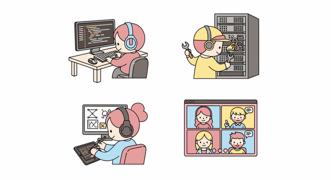 Flat icons of tech jobs for people who code and draw and fix and talk