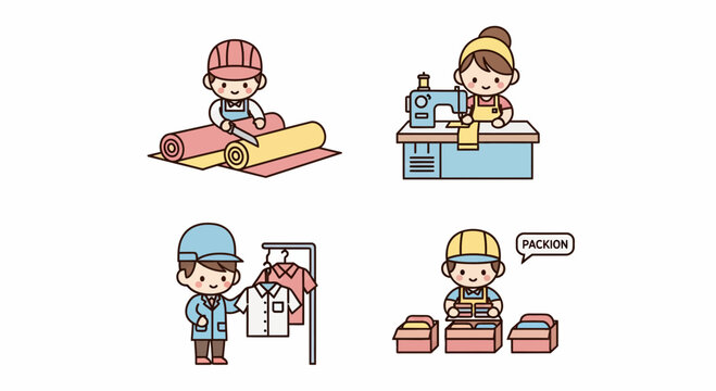 Icons of men and women who sew cut pack and check shirts in a factory