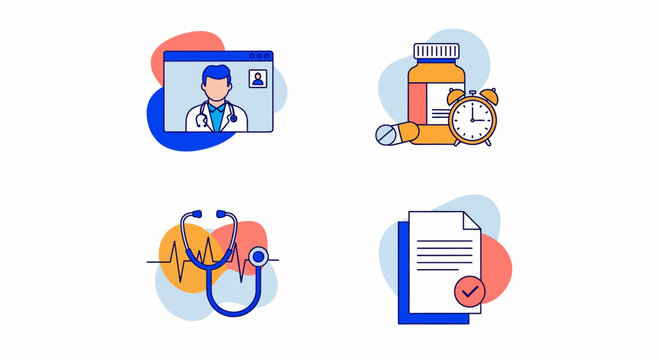 Telemedicine application scenes showing online doctor video consultation medical pharmacy pills stethoscope heartbeat monitoring and patient health reports