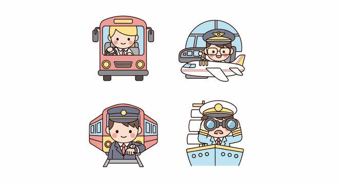 A bus pilot train ship driver set icon kids trip road air sea job work