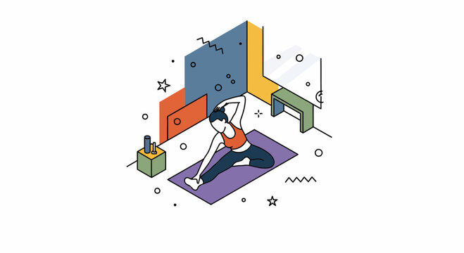 Young woman practicing yoga stretching exercises on purple mat in a minimalist modern room with geometric shapes