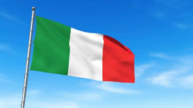 National flag of Italy waving on a flagpole under a blue sky