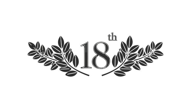 Classic Black and White 18th Anniversary Laurel Wreath Design on an Isolated White Background