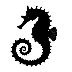 A black silhouette of a seahorse with a coiled tail © ikan