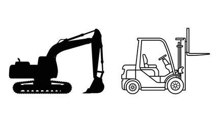 Excavator And Forklift Silhouettes On White Background © Vector Hub24
