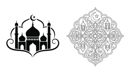 Mosque Silhouette With Crescent Moon And Islamic Ornamental Pattern Black On White © Vector Hub24