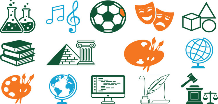 Education and school subjects line icons set with science music sports art history and law