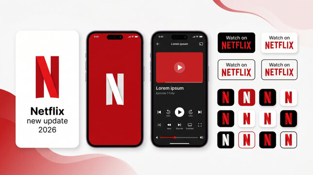 2026 Netflix app mockup interface. Mobile application UI design template for smartphone with video player, splash screen, and brand logotype icons. New streaming service update features UI layout.