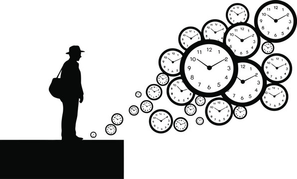Man waiting on edge with clocks floating away in time.