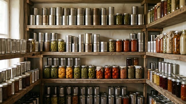 Organized Pantry Shelves with Canned Food and Preserved Jars