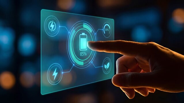 Finger touching glowing holographic battery charging interface showing eighty five percent power level with energy lightning and eco leaf icons for smart device charge monitoring technology