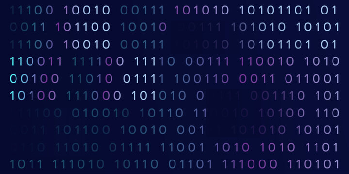Digital binary code sequences displayed on dark blue background representing computer programming and data processing