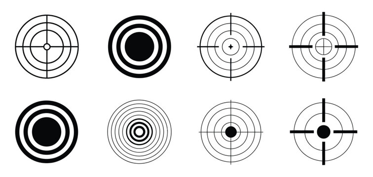 Target point icons set, goal marker and focus symbols for success planning achievement and vector illustration design.