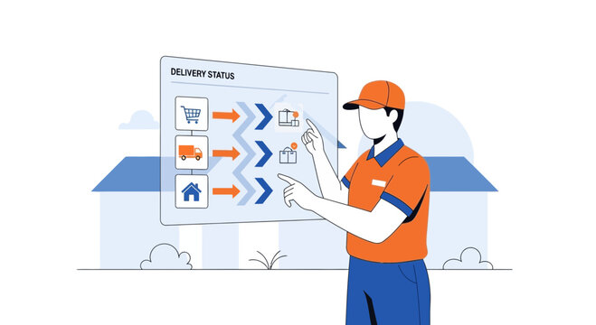 Delivery man interacting with a digital screen tracking package status