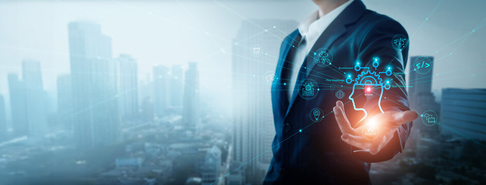 AI Agents, Workflow smart automation artificial intelligence. Virtual assistant for business, Human and robot Teamwork. The Coworker Revolution, Network AI and deep machine learning flow process.