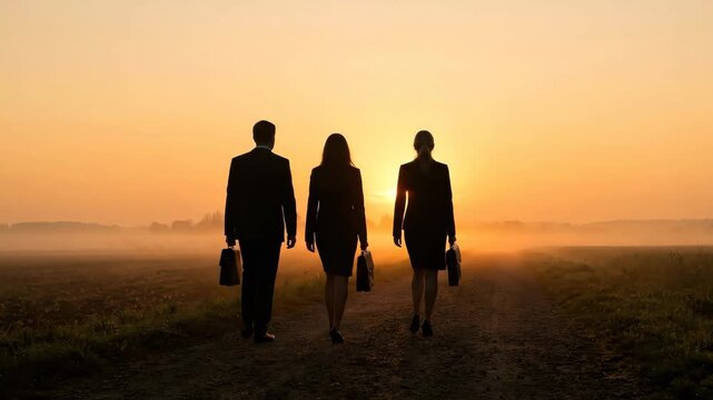 Silhouette Business People Walking at Sunrise on Rural Road with Misty Horizon and Calm Morning Light