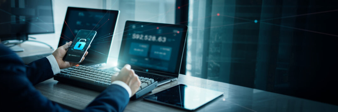 Businessman use login with password and scanning unlock and access to financial banking data network. Biometric identification and cyber security protect business transaction from online cyber attack.