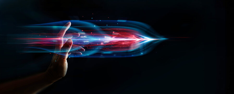 Abstract data network with glowing colorful light rays and forward digital arrows symbolizing technology develop growth and fiber optic connected high speed wireless data transfer and fast internet.