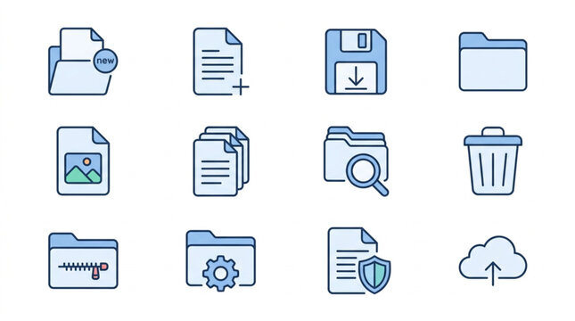Collection of digital icons representing files folders and data management.