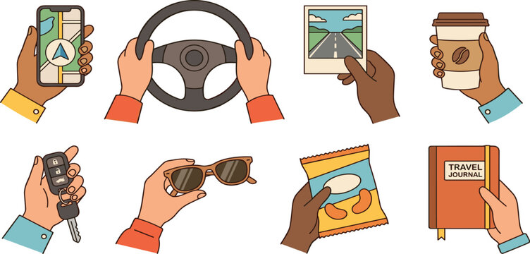 Summer road trip driving essentials vector icons set with hands holding phone map keys and coffee