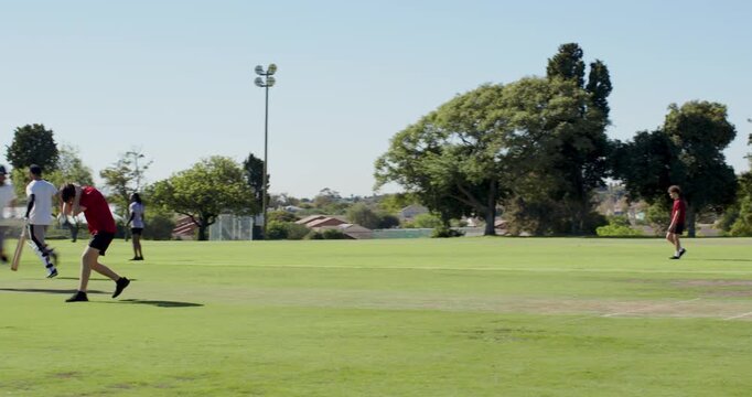 Diverse cricket players sprinting, bowling ball, running, throwing attempting wicket on pitch