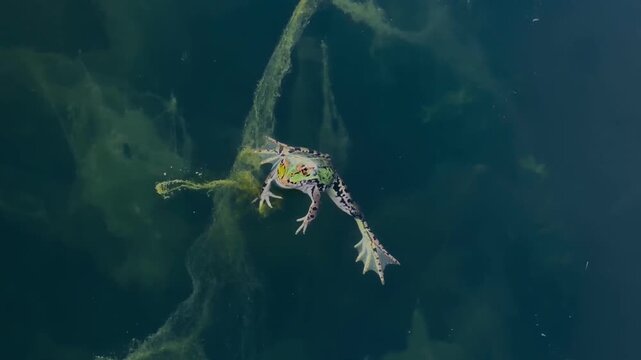 Aerial top view of a common frog swimming in a lake
