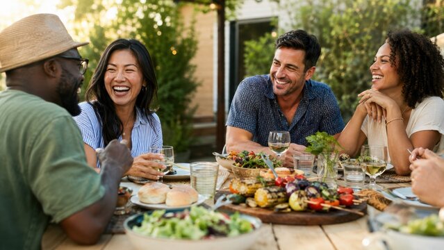 Group of diverse friends enjoying a backyard barbecue meal at a wooden table with various dishes, drinks, and greenery in the background during a sunny day