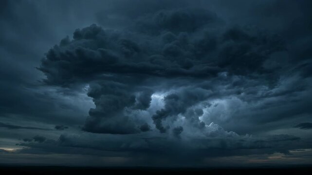 Dark storm cloud with lightning over dramatic sky, thundercloud weather front and dark horizon
