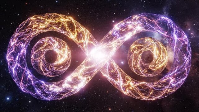 Glowing Infinity Symbol Rotating in Deep Space with Cosmic Energy Flows