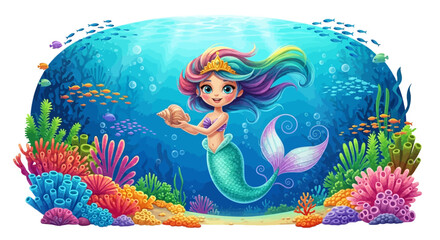 Cute mermaid with rainbow hair holds a seashell underwater with fish. © Irma