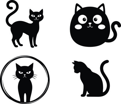 Stylized Black Cat Silhouettes and Cartoon Faces in Creative Vector Illustration Set