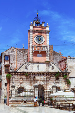 City Guard with clock tower in Zadar Croatia front view. Renaissance architecture under blue sky