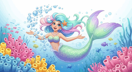 Cute little mermaid swimming in a colorful underwater coral reef © Irma