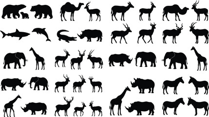 Obraz premium Wild animal silhouettes featuring elephants, giraffes, camels, lions, bears, dolphins, sharks, and birds in vector illustration